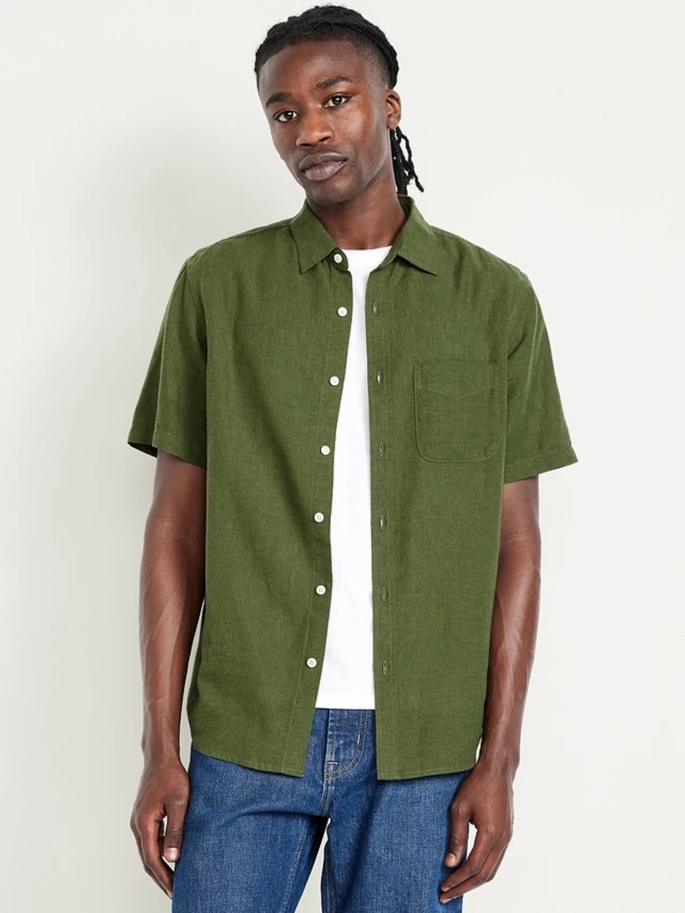 Old Navy Linen Olive Green Short-Sleeve Button-Down Shirt